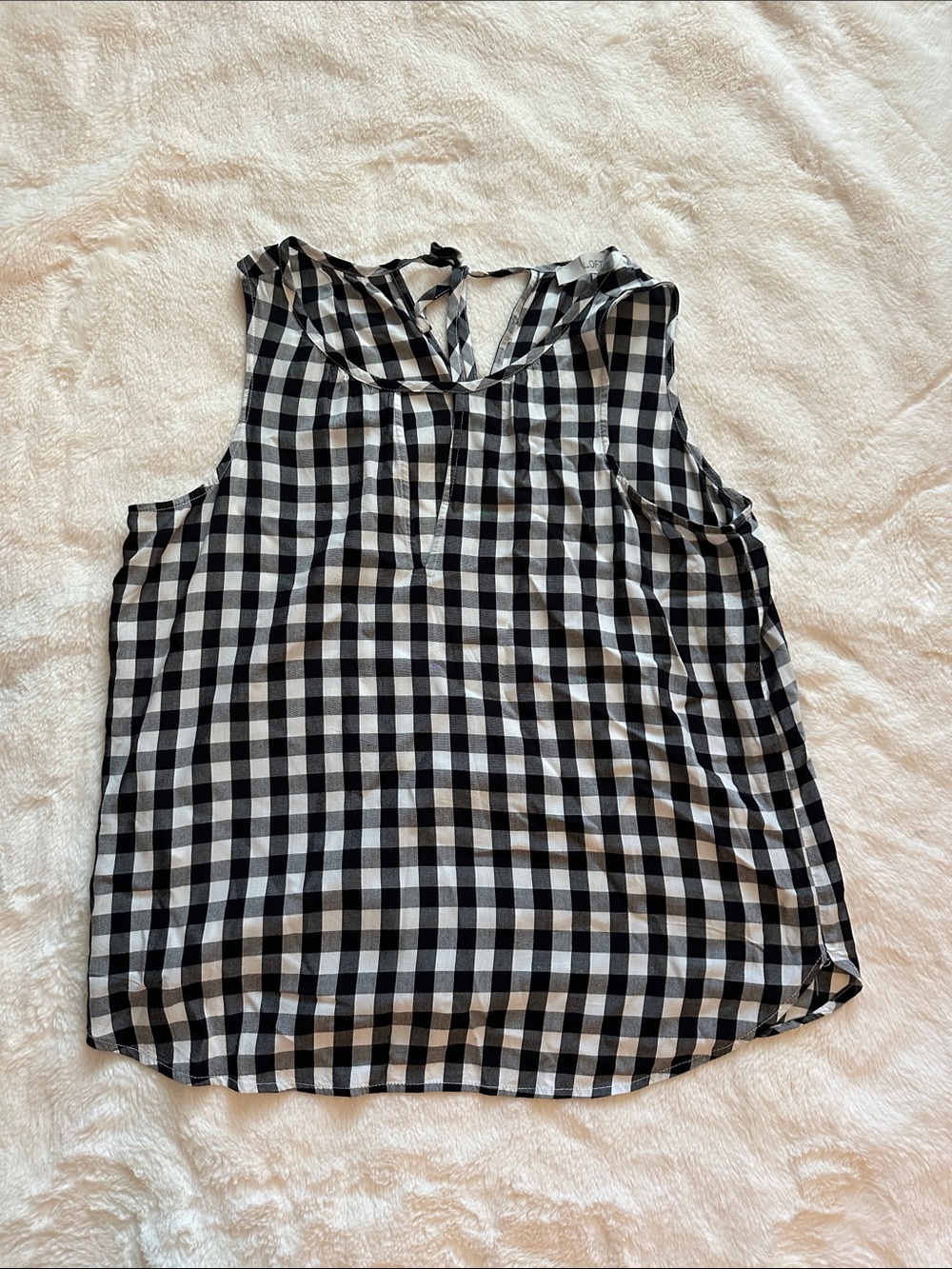 LOFT Black and White Gingham Sleeveless Tie-Back Blouse